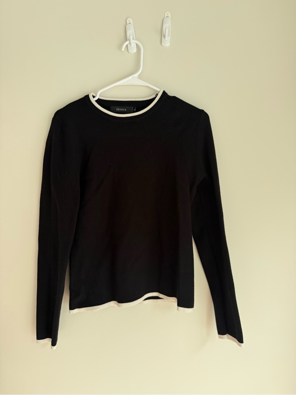 Zerica Black Long-Sleeve Knit Top with Cream Trim